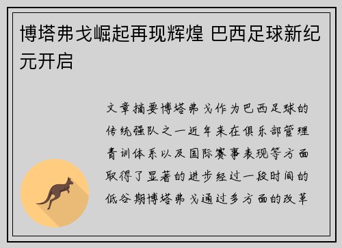 博塔弗戈崛起再现辉煌 巴西足球新纪元开启