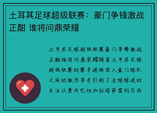 土耳其足球超级联赛：豪门争锋激战正酣 谁将问鼎荣耀