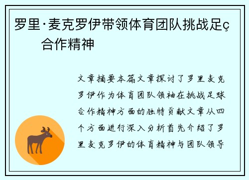 罗里·麦克罗伊带领体育团队挑战足球合作精神